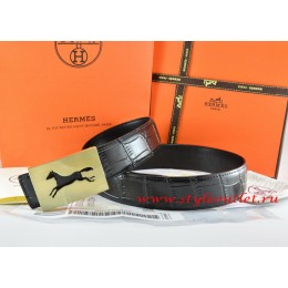 Hermes Black/Black Crocodile Stripe Leather Reversible Belt 18K Gold Hollow Horse Buckle