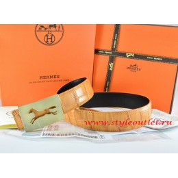 Hermes Orange/Black Crocodile Stripe Leather Reversible Belt 18K Gold Hollow Horse Buckle
