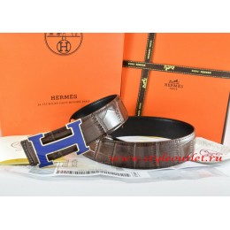 Hermes Brown/Black Crocodile Stripe Leather Reversible Belt 18K Silver Width H Buckle