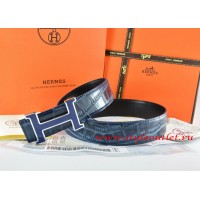 Hermes Blue/Black Crocodile Stripe Leather Reversible Belt 18K Blue Narrow H Buckle