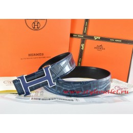 Hermes Blue/Black Crocodile Stripe Leather Reversible Belt 18K Blue Narrow H Buckle