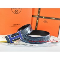 Hermes Blue/Black Crocodile Stripe Leather Reversible Belt 18K Silver Width H Buckle