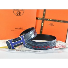 Hermes Blue/Black Crocodile Stripe Leather Reversible Belt 18K Silver Width H Buckle