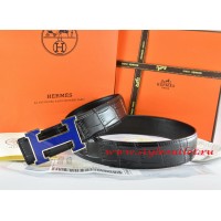 Hermes Black/Black Crocodile Stripe Leather Reversible Belt 18K Blue Narrow H Buckle