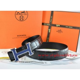 Hermes Black/Black Crocodile Stripe Leather Reversible Belt 18K Silver Width H Buckle
