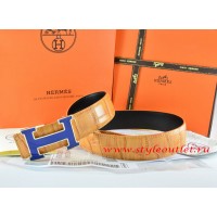 Hermes Orange/Black Crocodile Stripe Leather Reversible Belt 18K Blue Narrow H Buckle