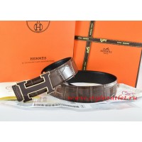 Hermes Brown/Black Crocodile Stripe Leather Reversible Belt 18K Black Gold Width H Buckle