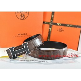 Hermes Brown/Black Crocodile Stripe Leather Reversible Belt 18K Black Silver Width H Buckle