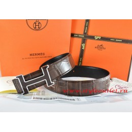 Hermes Brown/Black Crocodile Stripe Leather Reversible Belt 18K Black Silver H Buckle