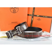 Hermes Brown/Black Crocodile Stripe Leather Reversible Belt 18K Black Silver With Logo H Buckle