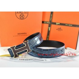 Hermes Blue/Black Crocodile Stripe Leather Reversible Belt 18K Black Gold Width H Buckle