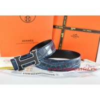 Hermes Blue/Black Crocodile Stripe Leather Reversible Belt 18K Black Silver Width H Buckle