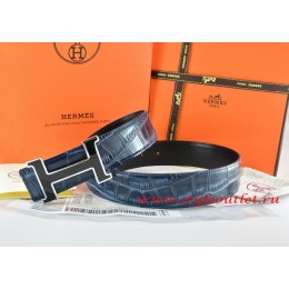 Hermes Blue/Black Crocodile Stripe Leather Reversible Belt 18K Black Silver H Buckle