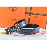 Hermes Blue/Black Crocodile Stripe Leather Reversible Belt 18K Black Silver With Logo H Buckle