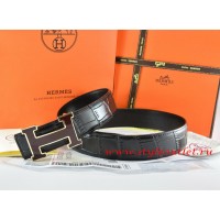 Hermes Black/Black Crocodile Stripe Leather Reversible Belt 18K Black Gold Width H Buckle