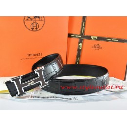 Hermes Black/Black Crocodile Stripe Leather Reversible Belt 18K Black Silver With Logo H Buckle