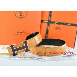 Hermes Orange/Black Crocodile Stripe Leather Reversible Belt 18K Black Gold Width H Buckle