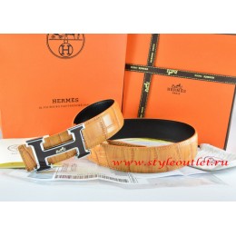 Hermes Orange/Black Crocodile Stripe Leather Reversible Belt 18K Black Silver H Buckle