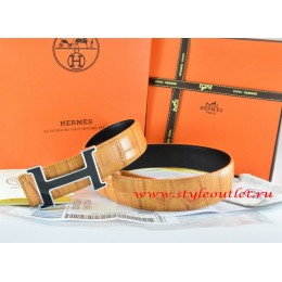 Hermes Orange/Black Crocodile Stripe Leather Reversible Belt 18K Black Silver With Logo H Buckle