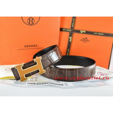 Hermes Brown/Black Crocodile Stripe Leather Reversible Belt 18K Yellow Gold H Buckle