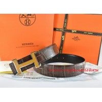 Hermes Brown/Black Crocodile Stripe Leather Reversible Belt 18K Yellow Silver H Buckle