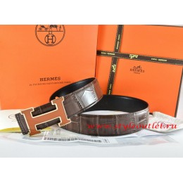 Hermes Brown/Black Crocodile Stripe Leather Reversible Belt 18K Orange Gold H Buckle