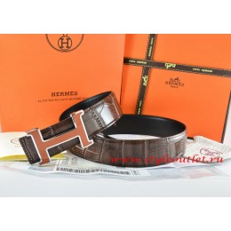 Hermes Brown/Black Crocodile Stripe Leather Reversible Belt 18K Orange Silver H Buckle