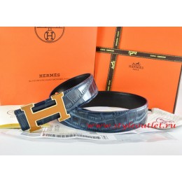 Hermes Blue/Black Crocodile Stripe Leather Reversible Belt 18K Yellow Gold H Buckle