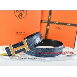 Hermes Blue/Black Crocodile Stripe Leather Reversible Belt 18K Yellow Silver H Buckle