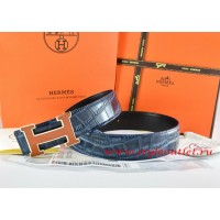 Hermes Blue/Black Crocodile Stripe Leather Reversible Belt 18K Orange Gold H Buckle