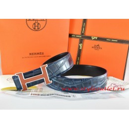 Hermes Blue/Black Crocodile Stripe Leather Reversible Belt 18K Orange Silver H Buckle