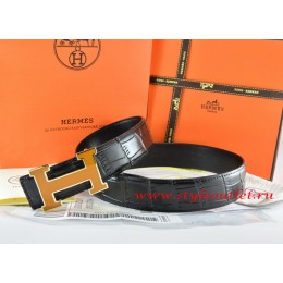 Hermes Black/Black Crocodile Stripe Leather Reversible Belt 18K Yellow Gold H Buckle