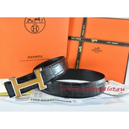 Hermes Black/Black Crocodile Stripe Leather Reversible Belt 18K Yellow Silver H Buckle