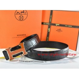 Hermes Black/Black Crocodile Stripe Leather Reversible Belt 18K Orange Gold H Buckle