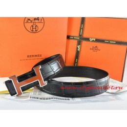Hermes Black/Black Crocodile Stripe Leather Reversible Belt 18K Orange Silver H Buckle