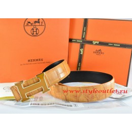 Hermes Orange/Black Crocodile Stripe Leather Reversible Belt 18K Yellow Gold H Buckle