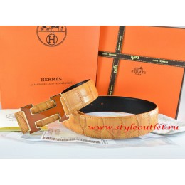 Hermes Orange/Black Crocodile Stripe Leather Reversible Belt 18K Orange Gold H Buckle