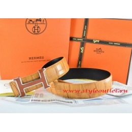 Hermes Orange/Black Crocodile Stripe Leather Reversible Belt 18K Orange Silver H Buckle