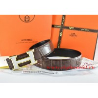 Hermes Brown/Black Crocodile Stripe Leather Reversible Belt 18K White Gold H Buckle