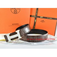 Hermes Brown/Black Crocodile Stripe Leather Reversible Belt 18K White Silver H Buckle