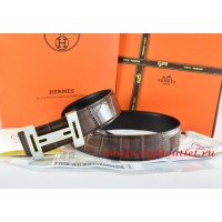 Hermes Brown/Black Crocodile Stripe Leather Reversible Belt 18K Black Gold With Logo H Buckle