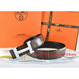 Hermes Brown/Black Crocodile Stripe Leather Reversible Belt 18K White Silver Narrow H Buckle