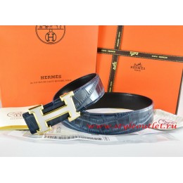 Hermes Blue/Black Crocodile Stripe Leather Reversible Belt 18K White Gold H Buckle