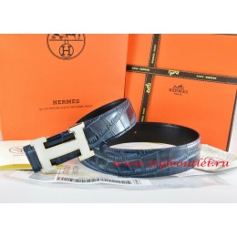 Hermes Blue/Black Crocodile Stripe Leather Reversible Belt 18K White Silver H Buckle