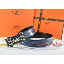 Hermes Blue/Black Crocodile Stripe Leather Reversible Belt 18K Black Gold With Logo H Buckle