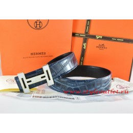 Hermes Blue/Black Crocodile Stripe Leather Reversible Belt 18K White Gold With Logo H Buckle