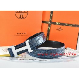 Hermes Blue/Black Crocodile Stripe Leather Reversible Belt 18K White Silver Narrow H Buckle