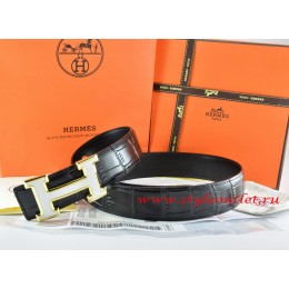 Hermes Black/Black Crocodile Stripe Leather Reversible Belt 18K White Gold H Buckle