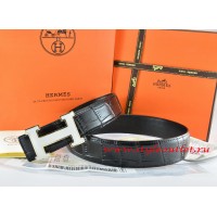 Hermes Black/Black Crocodile Stripe Leather Reversible Belt 18K White Silver H Buckle