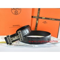 Hermes Black/Black Crocodile Stripe Leather Reversible Belt 18K Black Gold With Logo H Buckle